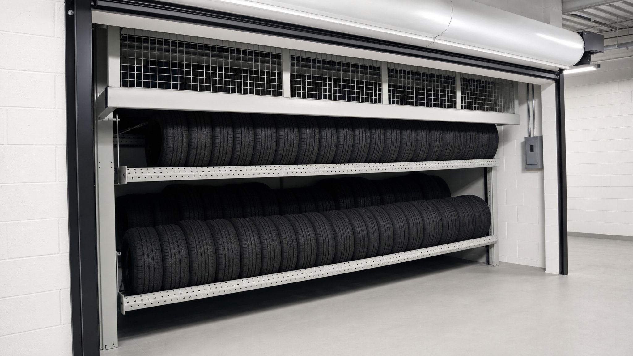 Industrial tire carousel with two shelves of unmounted tires in a white-walled room.