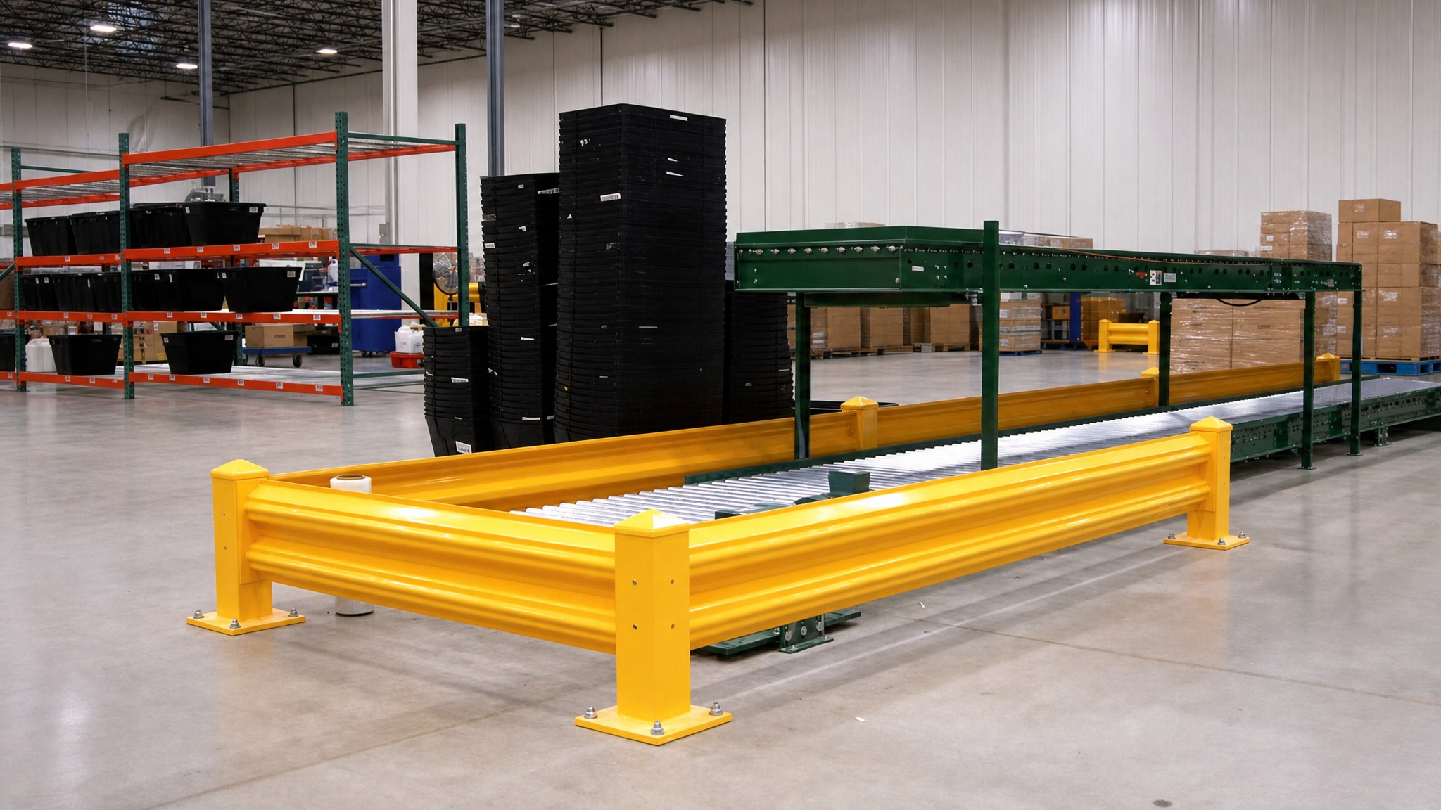 Yellow metal guard rails installed around a conveyor system in a warehouse.