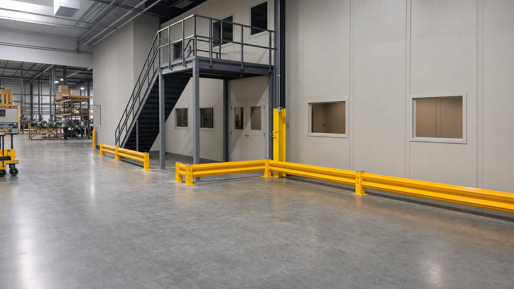 Yellow guard rails installed along a warehouse wall near interior stairs.