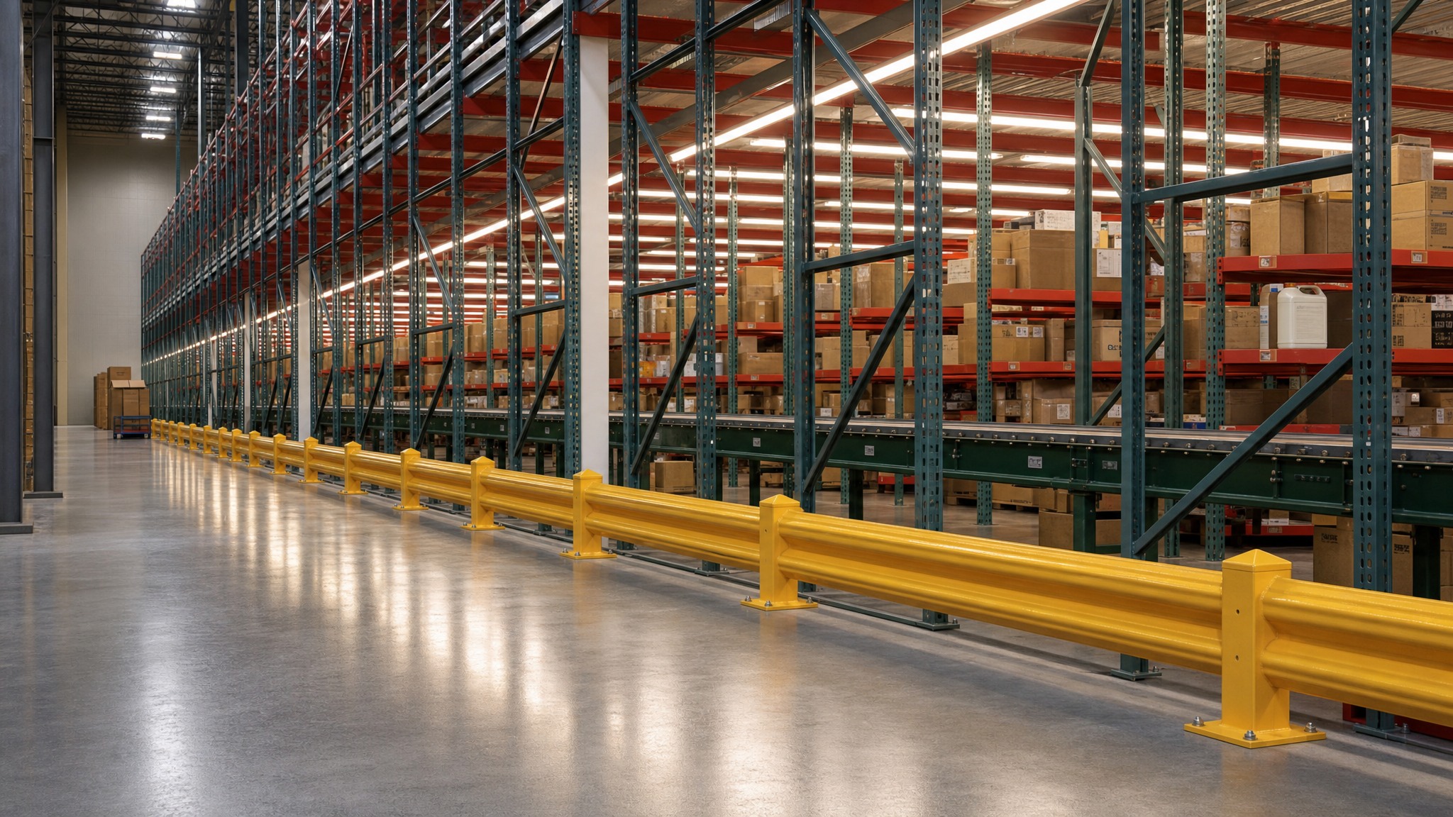 Yellow warehouse guard rail running along storage racks with shelving and boxes.
