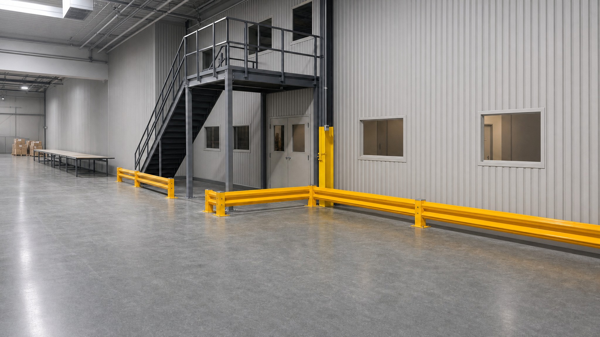 Yellow guard rails protect a gray warehouse wall and staircase landing.
