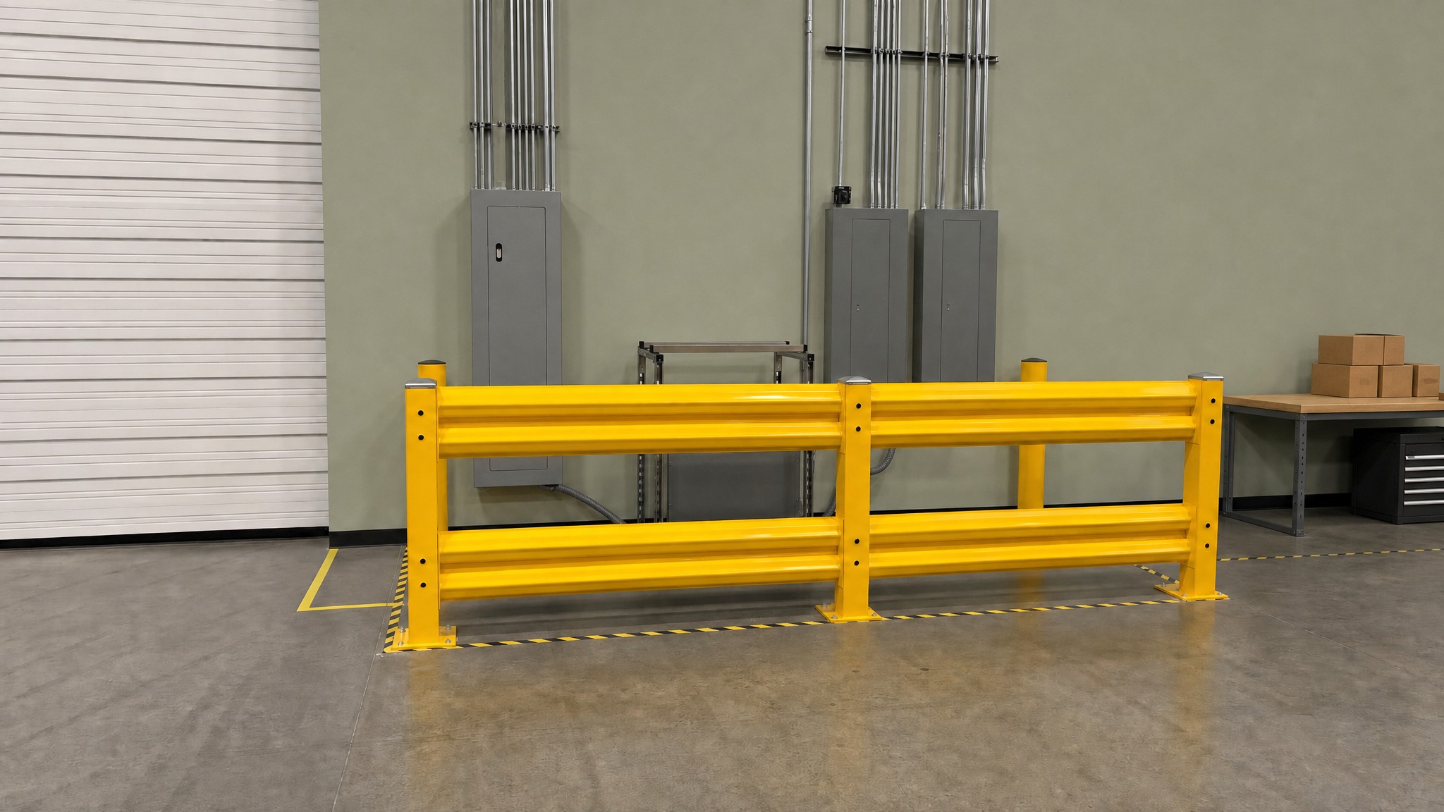 Yellow double-rail guard rail section installed on a warehouse concrete floor.