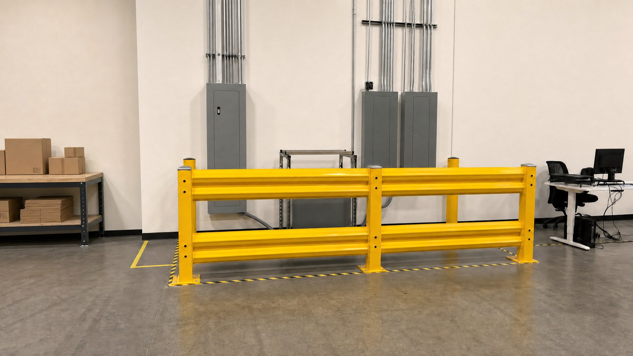 Yellow steel guard rail installed on a warehouse floor near electrical panels and office desks.