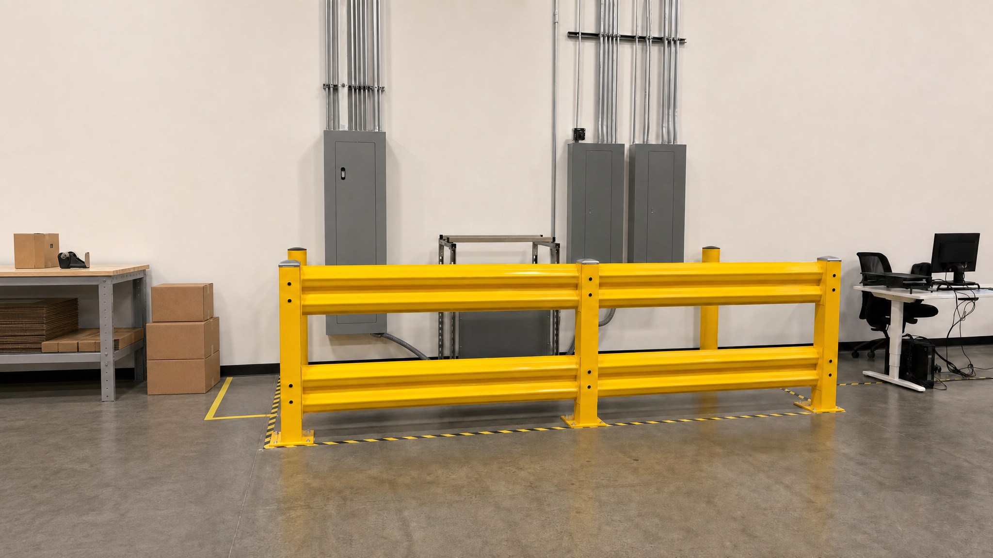 Yellow steel guard rail barrier installed in front of electrical panels in a warehouse.